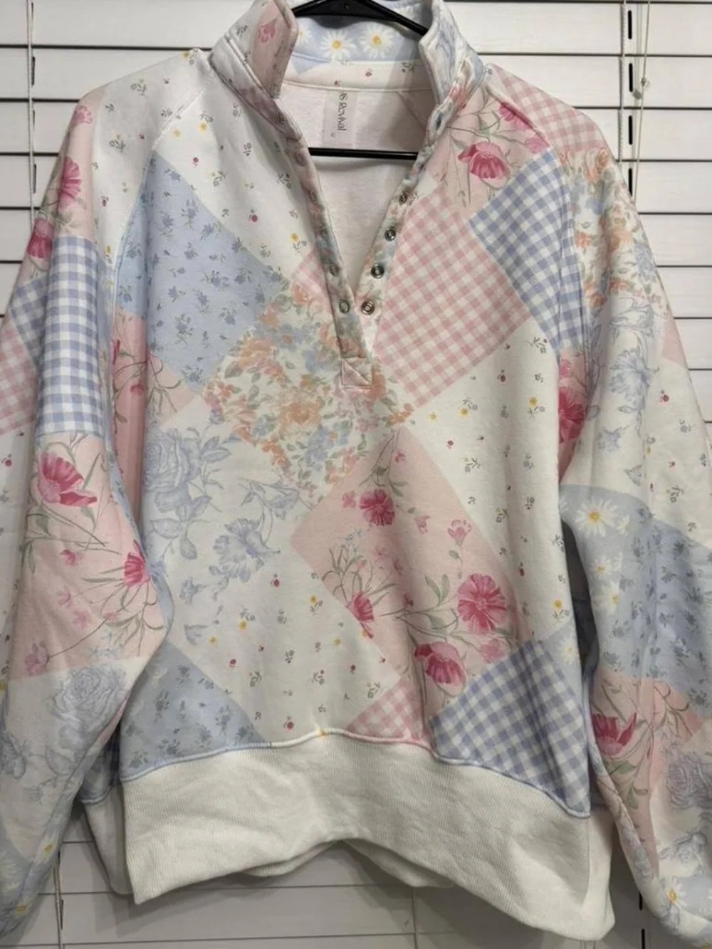 Altar'd State Pastel Patchwork Off-the-Shoulder Sweater - Pink, Blue, Cream - Picture 6 of 7